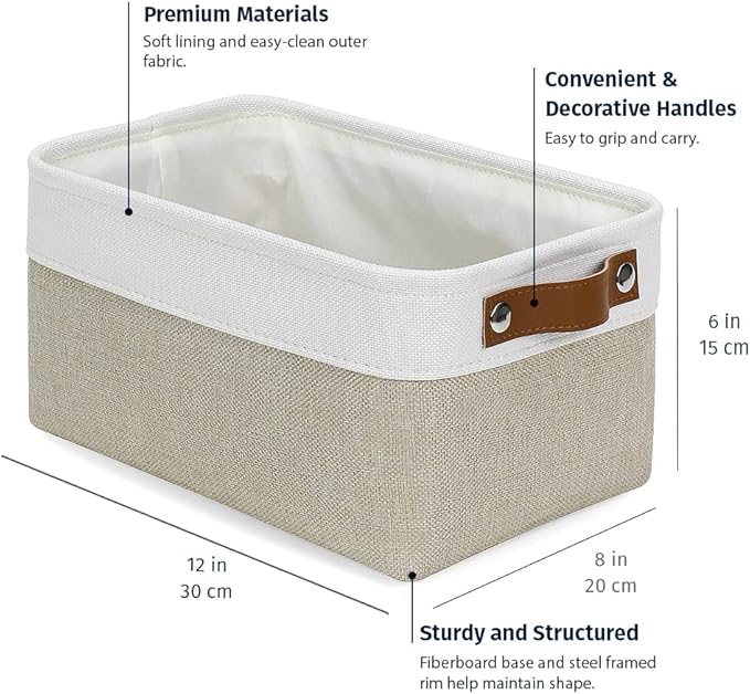 OrganiHaus Small Fabric Storage Baskets for Shelves 6 Pack, 12x8in Closet Storage Bins for Shelves, Cloth Storage Bins, Linen Closet Organizers, Fabric Basket, Shelf Baskets for Organizing Beige/White