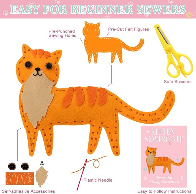 CiyvoLyeen Kitten Craft Kit Kids DIY Crafting and Sewing Set Kitty Cat Stuffed Animal Felt Plushies for Girls and Boys Educational Beginners Sewing Gift Ideas