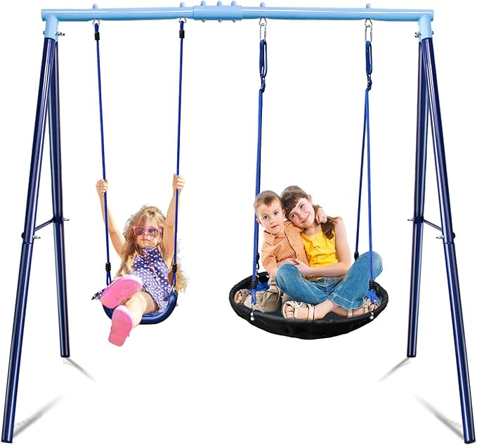 2 Seat Swing Set for Backyard - Metal A-Frame Holds 440 lbs, 1 Adjustable Saucer Swing and 1 u-Shape Swing - Suitable for Kids 3-8 Years