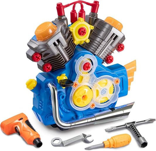 Engine Building Kit, Kids Mechanic Repair Set for Kids Motorcycle Engine，Take Apart Toys-42pc Playset，STEM Engine Model Kit Toy with Cool Lights&Sounds，Educational Toys for 3+ Year Old (Blue)