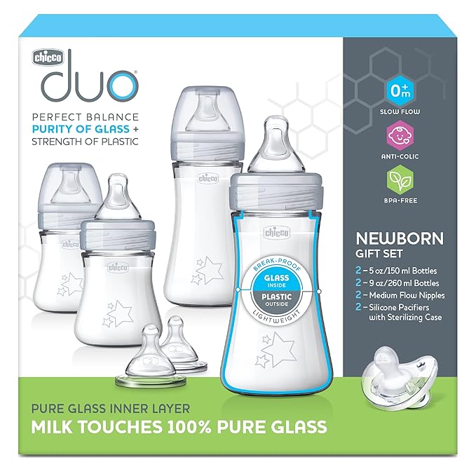Chicco Duo Newborn Hybrid Baby Bottle Starter Gift Set with Invinci-Glass Inside and Plastic Outside | Dishwasher, Bottle Warmer, and Electric Sterilizer Safe | Intui-Latch Nipple | Clear/Grey