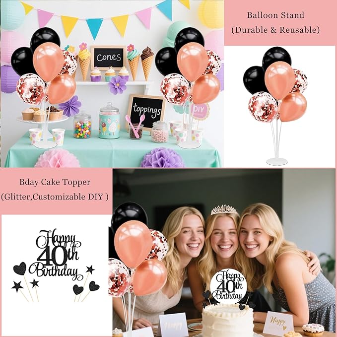 40th Birthday Decorations for Women - 56pcs Rose Gold Happy 40th Banner, 40th Birthday Crown Sash, Cake Topper, Number 40 balloons, 3D Butterflies, 4 Balloon Stands kits