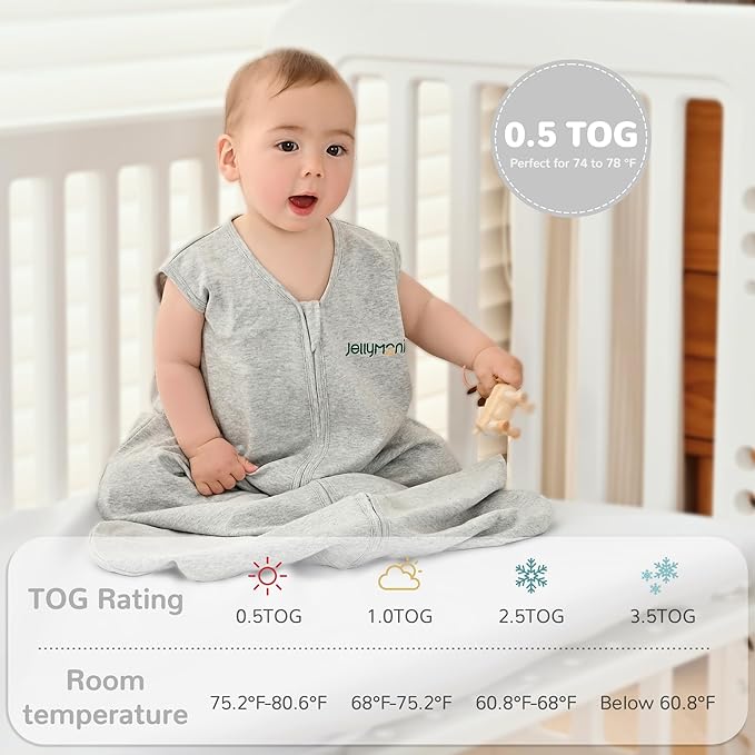 JELLYMONI Baby Sleep Sack 6-12 Months 100% Cotton Wearable Blanket, 0.5 TOG Soft Lightweight Toddler Sleeping Sack 3 Pack 2-Way Zipper Newborn Sleep Sacks