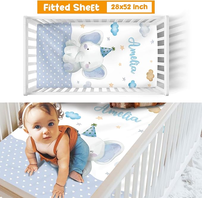 Custom Crib Bedding Set - Elephant Design Personalized Name Baby Nursery Bed 3 Pcs Set - Chic Soft Blanket with Dotted Backing, Sheet, Pillowcase for Newborn Girls Boys Gifts Color18