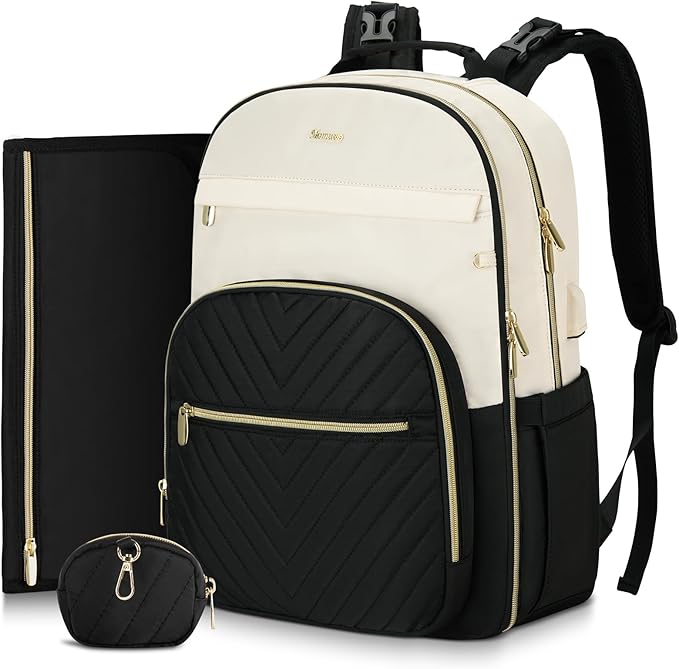 MOMUVO Diaper Bag Backpack, Quilted Baby Bag with Changing Pad & Stroller Straps & Pacifier Case, Multifunction Waterproof Travel Diaper Bags, Unisex, Black Beige