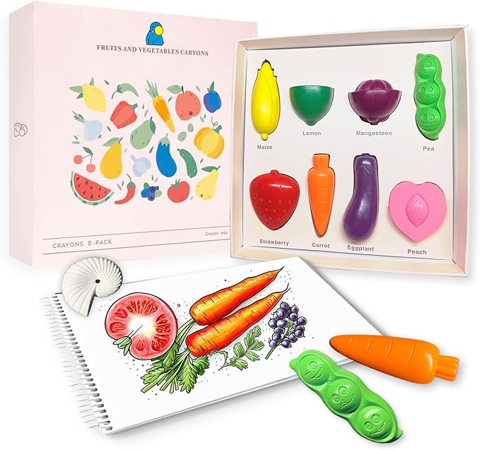 R&DLanci Toddler Crayons 8 Count, Non Toxic Washable Crayons for Toddlers, Unbreakable Easy-Grip Vegetable & Fruit Shaped Crayon for Little Hands, Toddler Coloring Art Christmas Gift