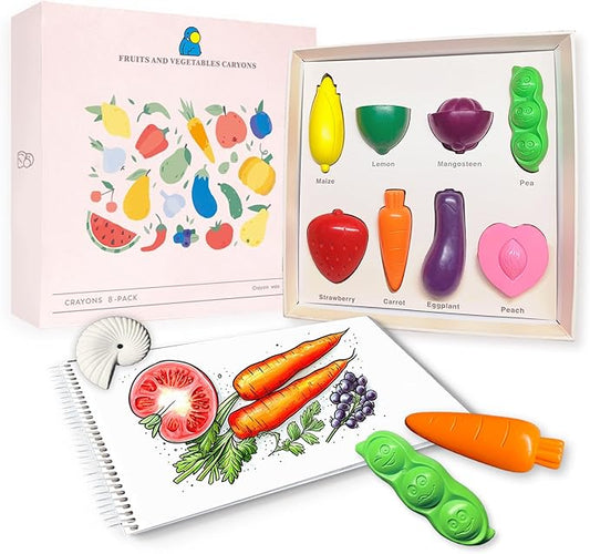R&DLanci Toddler Crayons 8 Count, Non Toxic Washable Crayons for Toddlers, Unbreakable Easy-Grip Vegetable & Fruit Shaped Crayon for Little Hands, Toddler Coloring Art Christmas Gift
