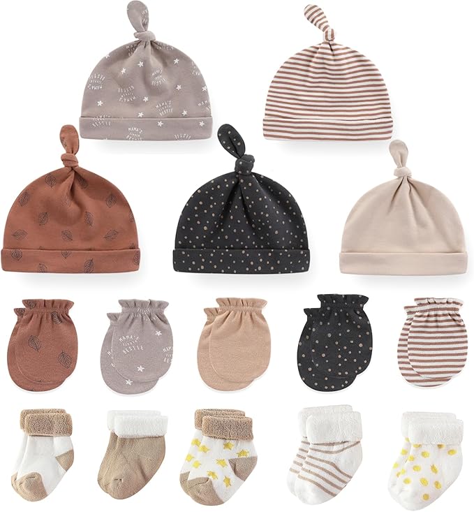Newborn Baby Boy Girl Caps Mittens Socks Set Cotton Baby Essentials Accessories (Hats+Gloves+Socks)