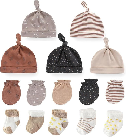 Newborn Baby Boy Girl Caps Mittens Socks Set Cotton Baby Essentials Accessories (Hats+Gloves+Socks)