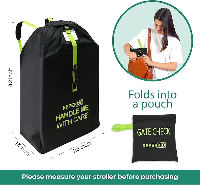 reperkid Medium Stroller Bag for Airplane Travel, Black & Green, 42" H x26 W x13 D, Fits Most Single Strollers Incl. Jogging & Standard Models – Premium Waterproof Cover, Adjustable Shoulder Straps