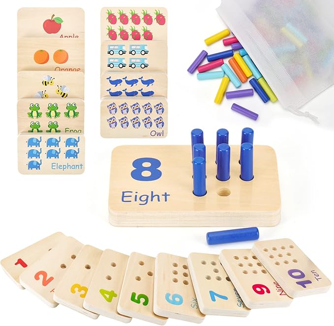 Wooden Montessori Number Blocks for Toddlers, Counting Peg Board for Kids Age 3 4 5,Preschool Learning Toys,Ideal for Kids 3 4 5 Years Old