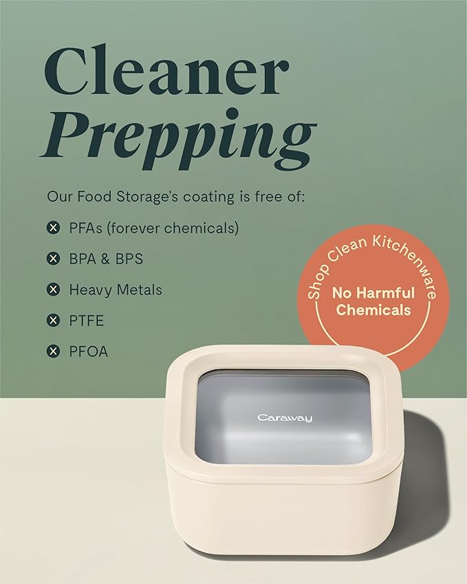 Caraway Glass 4.4 Cup Food Container - Ceramic Coated for Nonstick Storage with Glass Lids - Dishwasher, Oven & Microwave Safe