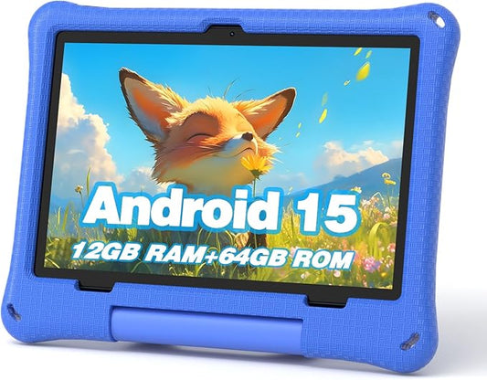 Kids Tablet, 10.1 Inch Android 15 Tablet for Kids, 12GB+64GB, Octa-Core, 6000mAh Battery, WiFi 6, Pre-Installed Kids Apps, Parental Control, ABCmouse for 30-Days Free, with EVA Protective Case (Blue)