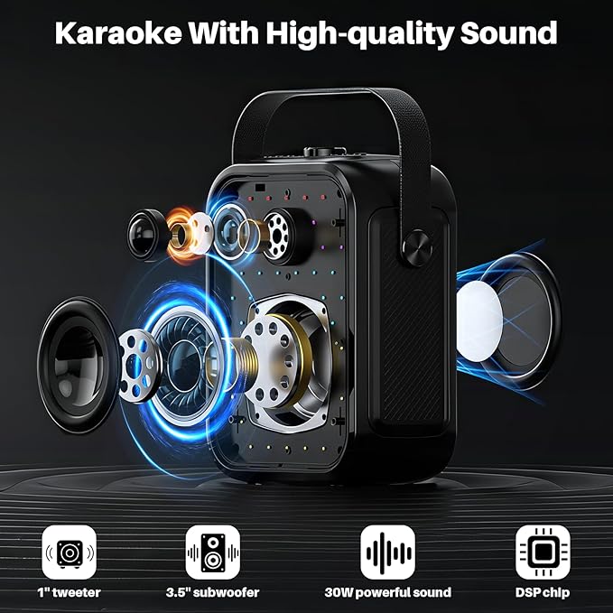 Karaoke Machine, Portable Bluetooth Speaker with 2 Wireless Karaoke Microphones, Karaoke Machine for Adults Kids with Subwoofer, LED Light Support TWS/FM/USB/AUX for Home Party Outdoor