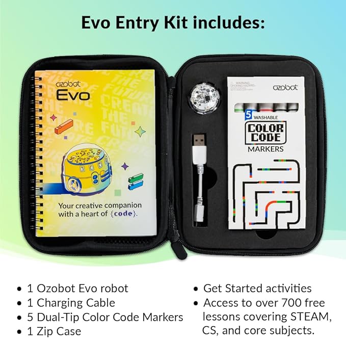 Evo Entry Kit: Interactive Coding Robot, Kids Ages 5+, Includes Color Code Markers, Charging Cable, Zip Case, Access to 700+ STEM Lessons - Educators & Parents, No Coding Experience Required