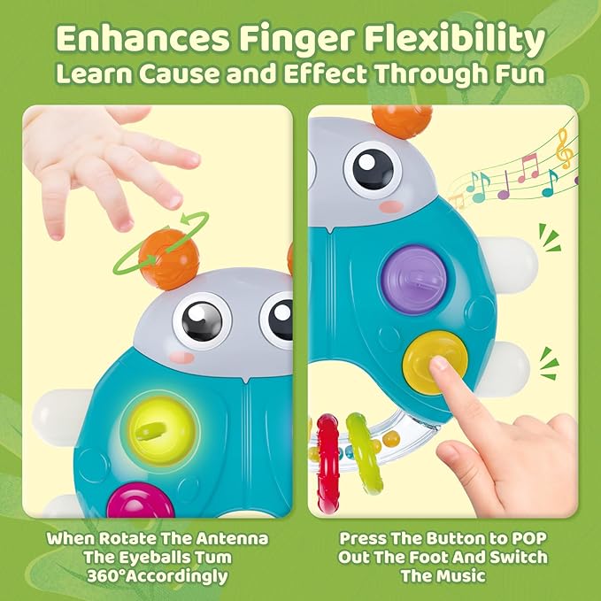 Ladybug Baby Light Up Toys with Rattle Led Light Music, Interactive Educational Fine Motor Development Toy for 3-6-12-18-24 Months Baby Toddler