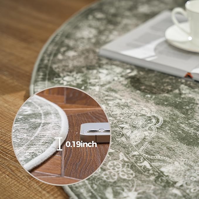 jinchan Round Rug 8ft Area Rug - Green Vintage Floor Mat Kitchen Indoor - Washable Circle 8' Thin Floral Print Carpet Retro Farmhouse Non Slip Dining Room Living Room Bedroom Office