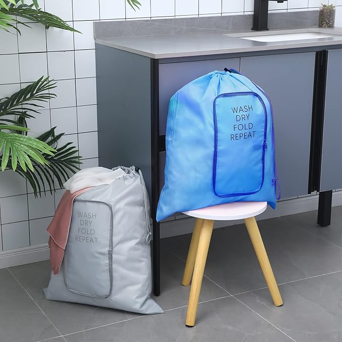 2 Pcs Travel Laundry Bag Washable Dirty Clothes Bag with Drawstring and Zipper for Suitcase, 22 x 18 Inch (Black, Blue,Classic)