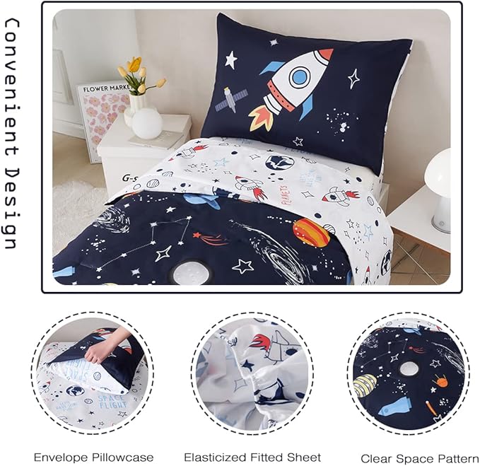 PERFEMET 4 Pcs Toddler Bedding Dark Blue Outer Space Printed Toddler Bed Set with Sheets Reversible Planet Rocket Pattern Bed in a Bag for Toddlers(Dark Blue, Planet/Rocket)