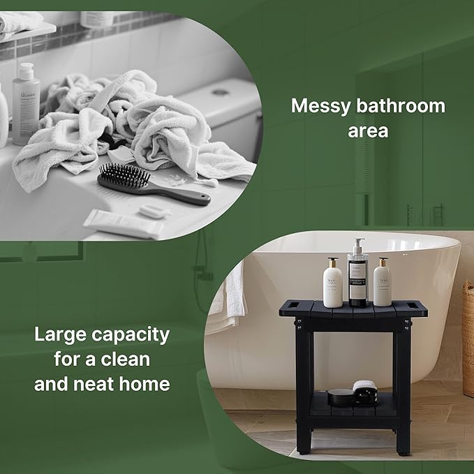 HDPE Shower Bench Seat Capacity 300LB, Waterproof Bathroom Stool with Side Carry Holes, Compact 16.8" L Design, Non-Slip Shower Seat for Elderly, Shaving Legs & Spa - Indoor/Outdoor Use(Black)