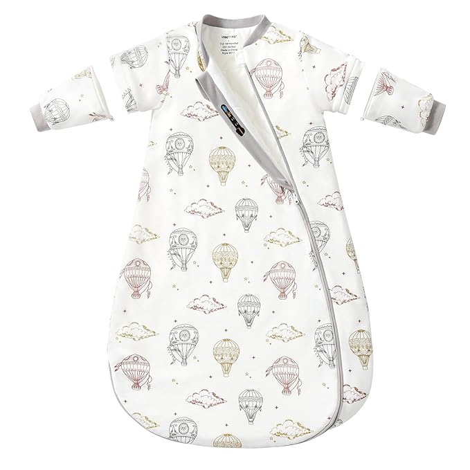 Baby Sleep Sack 18-24 Months, Cotton Detachable Long Sleeve Sleep Sack, 1.0 Tog Toddler Sleeping Sack with Temperature Strips, 2-Way Zipper Wearable Blankets for Newborns, Hot Air Balloon