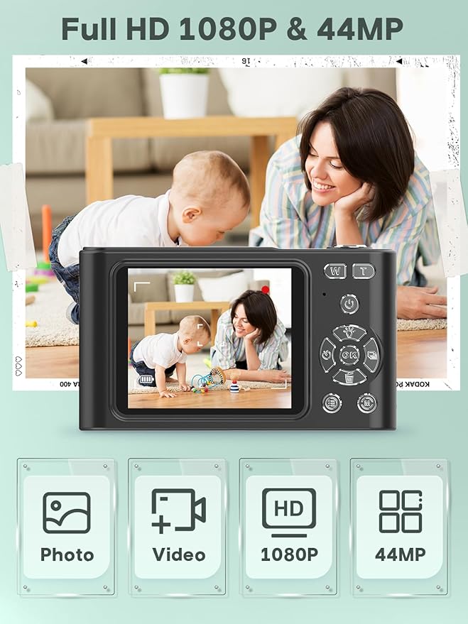 Digital Kids Camera 1080P Vlog Camera with 64GB, Lanyard, 16X Zoom Anti Shake, Card Reader 44MP Compact Portable Point Shoot Digicam for Kid Teen Girl Boy Christmas Halloween Thanksgiving(Black)