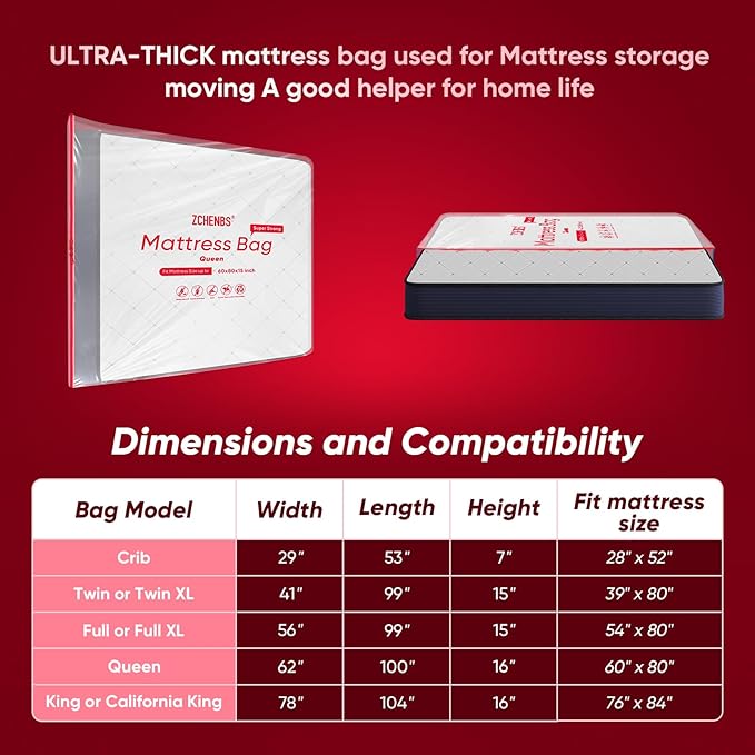 ZCHENBS® – Mattress Bags for Moving and Storage,Mattress Bag with Zippers,5 Mil Ultra-Thick Bed Bag,Waterproof,Anti-Tear,Heavy-Duty Mattress bag (Transaparent/Red, Queen-(1 Pack))