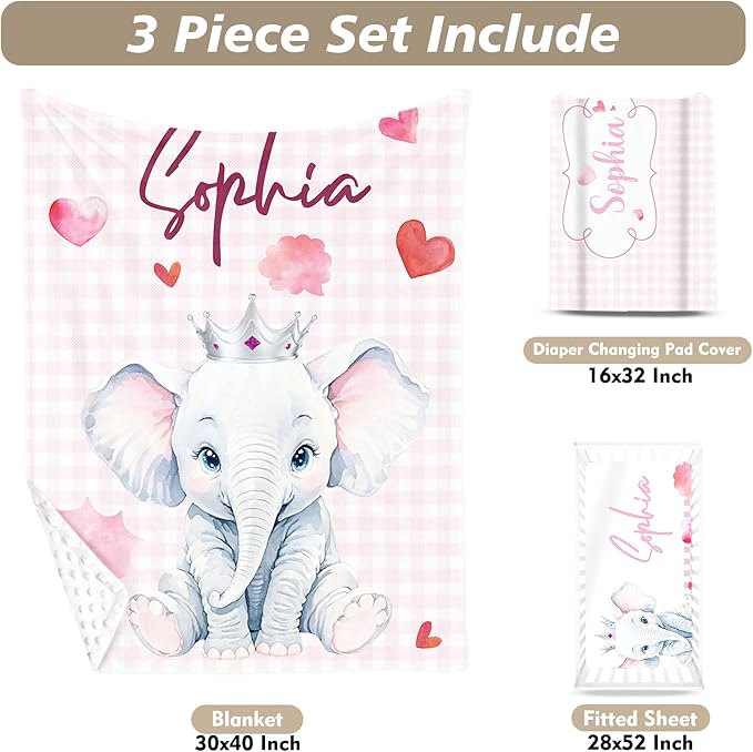 Custom Name Crib Bedding Set - Elephant Theme, Personalized Pink Checkered Nursery Bedding 3-Piece Set– Soft Blanket, Fitted Sheet, Changing Pad Cover – for Newborns Girls Nursery Gifts