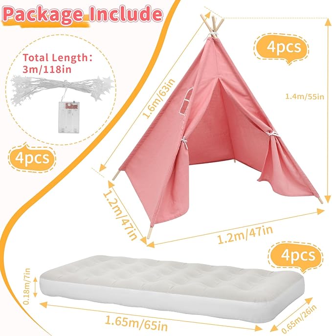 4 Pack Teepee Tent for Kids with Light String and Inflatable Airbed, Slumber Party Tents, Sleepover Tents Party for Girls Boys Indoor Outdoor (Pink)