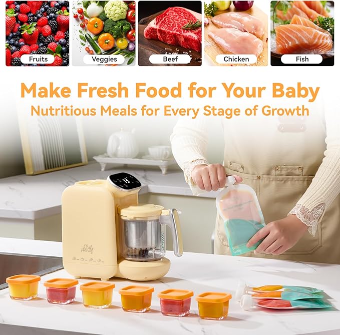 Chefhandy Baby Food Maker, Steamer & Blender with Stainless Steel Basket, Puree Maker with Auto/Manual Blend, Bottle Warmer & Sterili-zer, Safe & Easy-to-Clean Compact Baby Food Processor (Yellow)