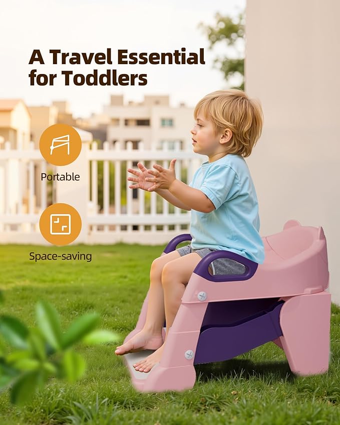 3-in-1 Potty Training Toilet, Toddler Toilet Seat with Step Stool, Foldable Potty Ladder with Potty Chart, PU Cushion, Splash Guard, Anti-Slip Steps & Urinal for Girls & Boys, Pink