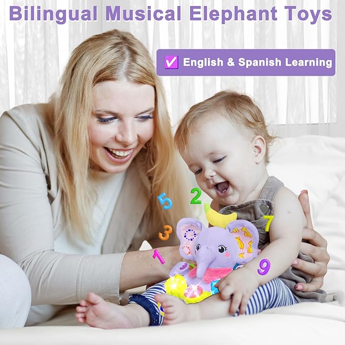 Baby Elephant Musical Stuffed Animals Toy with Light-Up Music & Crinkle Sound Paper,Infant Bilingual Early Learning Education Toys,Tummy Time Toys for 0-3-6-12+ Months Boy Girl, Purple