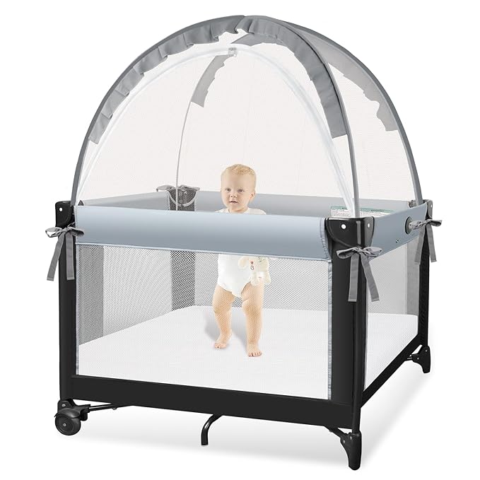 Pack N Play Tent - Mini Crib Tent to Keep Baby from Climbing Out - Crib Net to Keep Baby in - Pop Up Breathable Cribs Cover - Canopy with Upgrade Strong Mesh and Durable Zipper (Gray, Small)