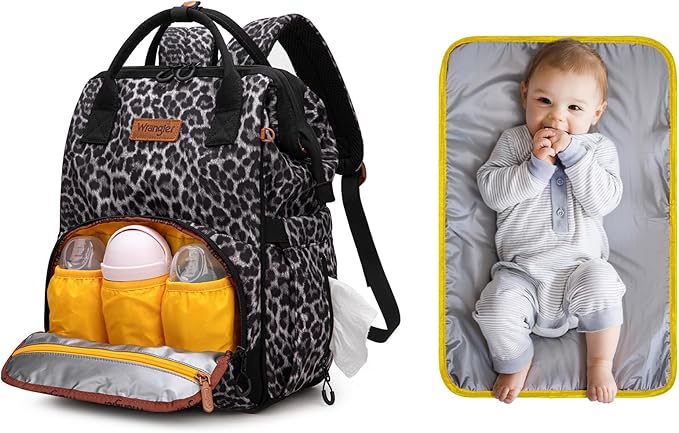 Wrangler Leopard Print Backpack Multifunction Baby Travel Bag with Changing Pad, Stroller Straps and Pacifier Case WG2204-91103LP-BK