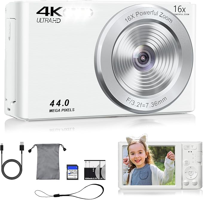Digital Camera, 44MP 4K Auto Focus Point and Shoot Kids Video Camera with 64GB SD Card 2 Batteries 16X Digital Zoom Compact Portable Small Camera Gifts for Teens Kids Boys Girls(White)