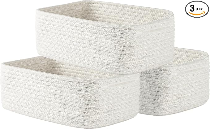 KALLAX Small Woven Basket, 12 x 8 x 4.5 Inches, Storage Basket for Organizing, Cute Small Rope Shelf Closet Cube Storage Bins Baskets for Shelves, Dog Toy Gift Baskets Empty, 3 Packs, Off White