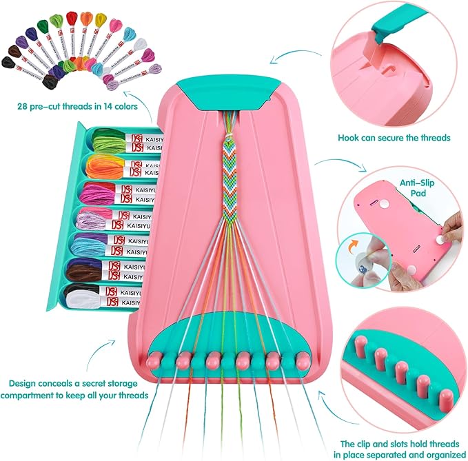 Arts and Crafts for Kids Ages 8-12,Friendship Bracelet Making Kit for Girl,Kids Jewelry Making Kit with 28 Pre-Cut Threads,Christmas Birthday Gifts for Ages 6 7 8 9 10 11 12 Year Old Pink/Cyan