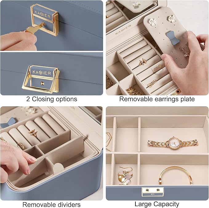 KAMIER Jewelry Organizer Box, 2 Layers PU Leather, Large Capacity, Double Lock and Large Mirror, Hidden Necklace Hooks, Removable Dividers, Gift Box Packaging,Bluish Grey