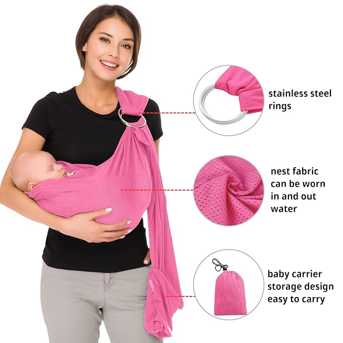 CUBY Water Baby Sling Carrier Lightweight Breathable Mesh Baby Wraps Carrier Adjustable Ring Sling Quick-Drying Baby Carriers Sling for Newborn Toddler Summer Swimming Pool Beach (Pink)