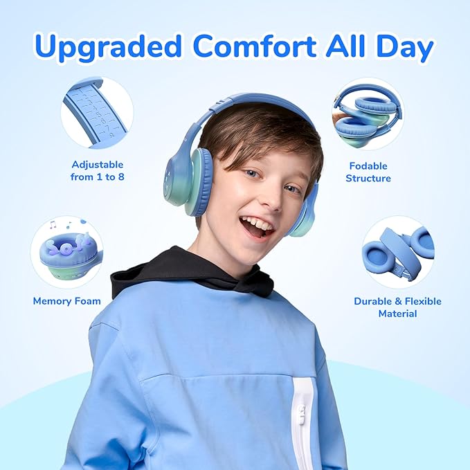 EarFun K4 Kids Bluetooth Headphones, Wireless Headphones with LED Lights, 74/85/94dBA Volume Limited, Built-in Mic, 90H Playtime, Bluetooth 5.4 Over Ear Headphone for iPad/Tablet/PC/School (Green)