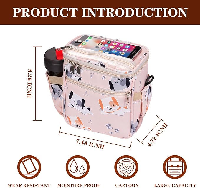Baby Stroller Organizer Bag，Small Diaper Bag - Universal Stroller Organizer With Insulated Cup Holder,Pocket With Baby Wipes Dispenser，Adjustable Shoulder Strap(pink)