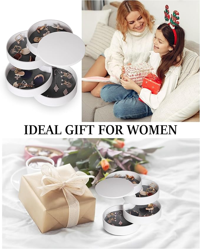 CONBOLA Jewelry Organizer, Small Jewelry Storage Box Earring Holder for Women, 5-Layer Rotating Travel Jewelry Tray Case with Lid for Bracelets Rings Bracelets, Gift for Women Teen Girls(White)