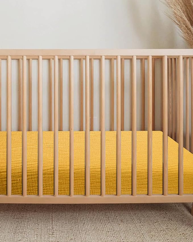 Muslin Bedside Bassinet Sheets 2 Pack, 33x20 Fitted Ultra Soft & Breathable Bedside Sleeper Sheets, Ideal for Baby Girl and Boy, Perfect for Newborns (Beige & Mustard Yellow)