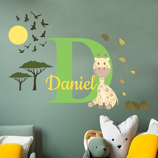 CRYPTONITE Personalized Name Jungle Animals Vinyl Wall Decor I Nursery Wall Decal for Baby Boy & Girl Decoration I Stickers for Kids I Multiple Options for Customization (B. Giraffe)