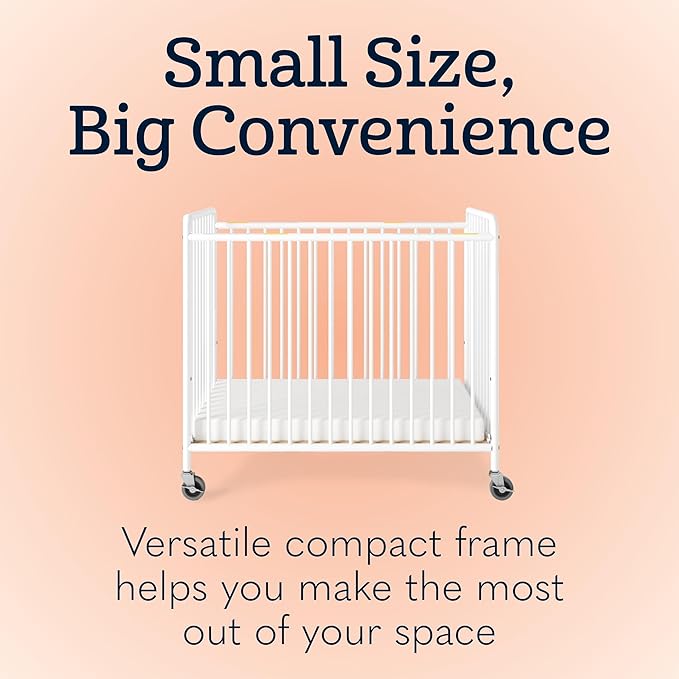 Foundations Chelsea Slatted Metal Compact Daycare Crib, 3" Casters, Compact Mini Size, Easy to Clean Durable Finish, Adjustable to Two Heights Mattress Board (White)