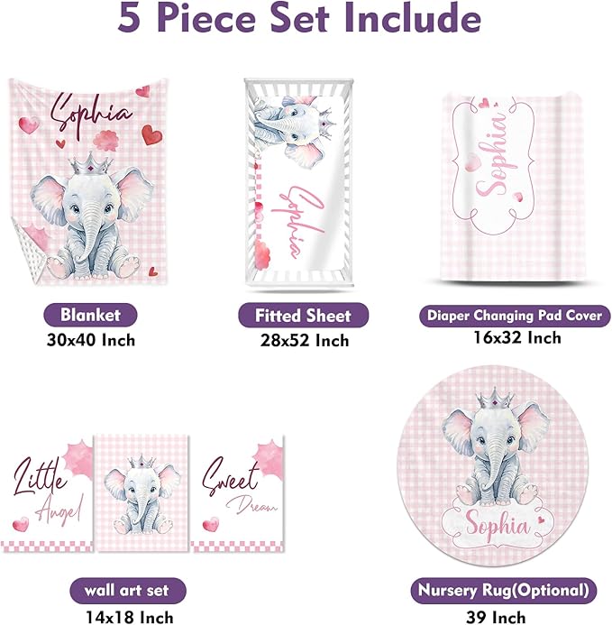 Personalized Nursery Crib Bedding Set: Custom Name Pink Checkered 5 Piece Baby Crib Sets with Cute Elephant Pattern - Toddler Double Layer Blanket Set, Comfortable Crib Bed Sheets for Baby Grils
