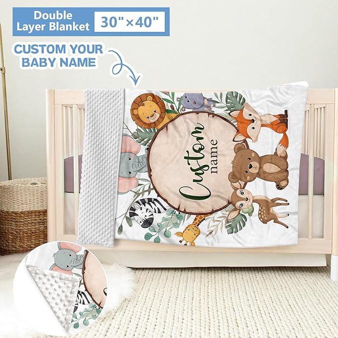 Personalized Baby Crib Bedding Set, 5 Pcs Custom Nursery Bedding Set for Girl Boy, Soft Jungle Animals Crib Set with Name, Double Layer Baby Bedding Crib Set, Toddlers Infants Customized Gift