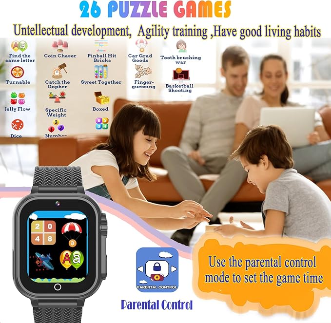 Goodatech Kids Smart Watch for Boys Girls, 1.54'' Smartwatch with 26 Puzzle Games,HD Camera,Video Music Player,Pedometer,Flashlight,Audio Book etc., Aluminum Case and Sport Band (Black)
