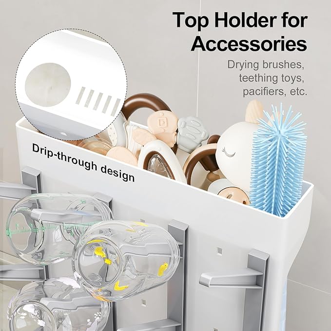 GoMaihe Baby Bottle Drying Rack: Space Saving Vertical Bottle Dryer Holder - Baby Accessories Storage Stand Organize Brushes Pacifiers on Countertop - BPA-Free - Gray
