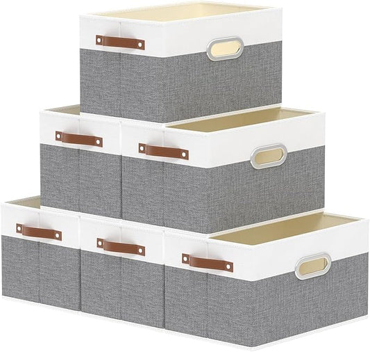 Yawinhe Fabric Storage Baskets, Foldable Closet Organizer for Shelves, Large Boxes with 3 Handles, Canvas Bins for Clothes, White/Grey, 12.99''Lx9.05''Wx7.87''H, 6-Pack